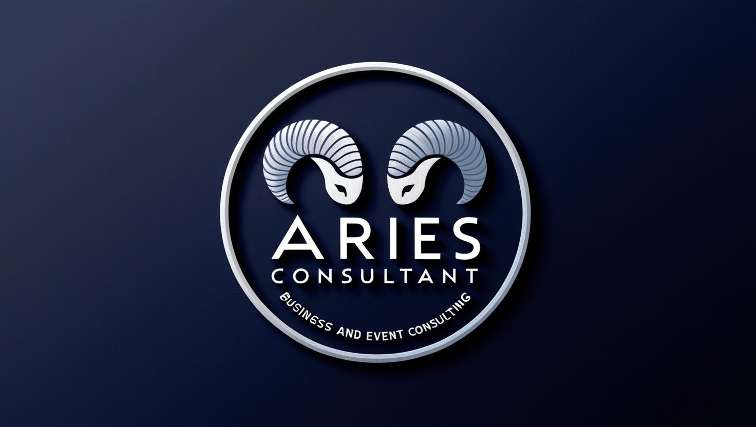 Design a circular logo for 'Aries Consultant,' a business and event consulting firm based in Jogjakarta. Use a dark blue background with white typography. Incorpor